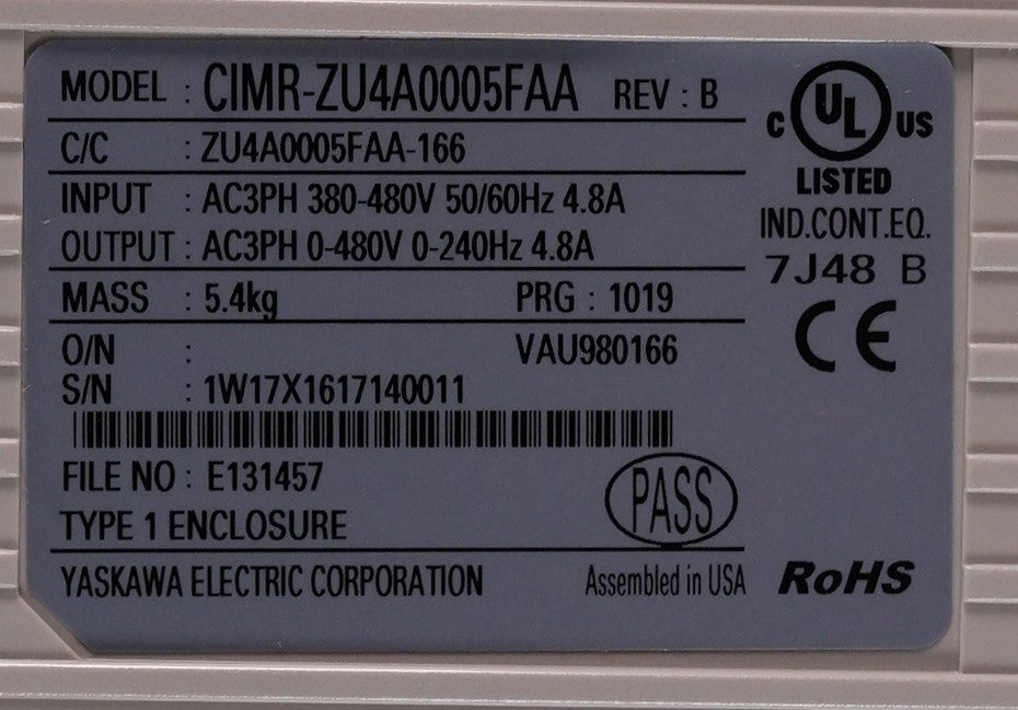 Yaskawa CIMR-ZU4A0005FAA Rev B Z1000 Drive 480V 4.8A CIMRZU4A0005FAA