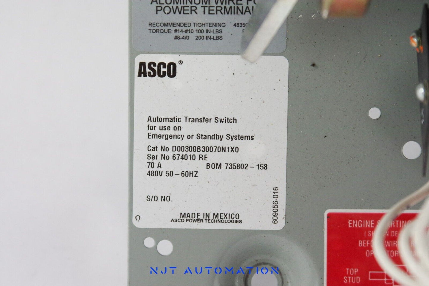 ASCO D00300B30070N1X0 Automatic Transfer Switch Ser No 674010 RE 70A 480V 609056