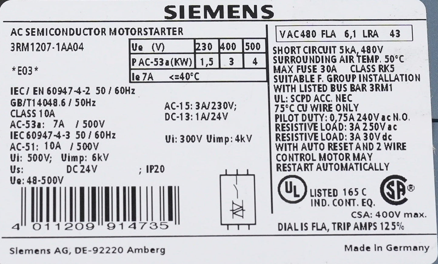 Siemens 3RM1207-1AA04 AC Semiconductor Motorstarter 3RM12071AA04