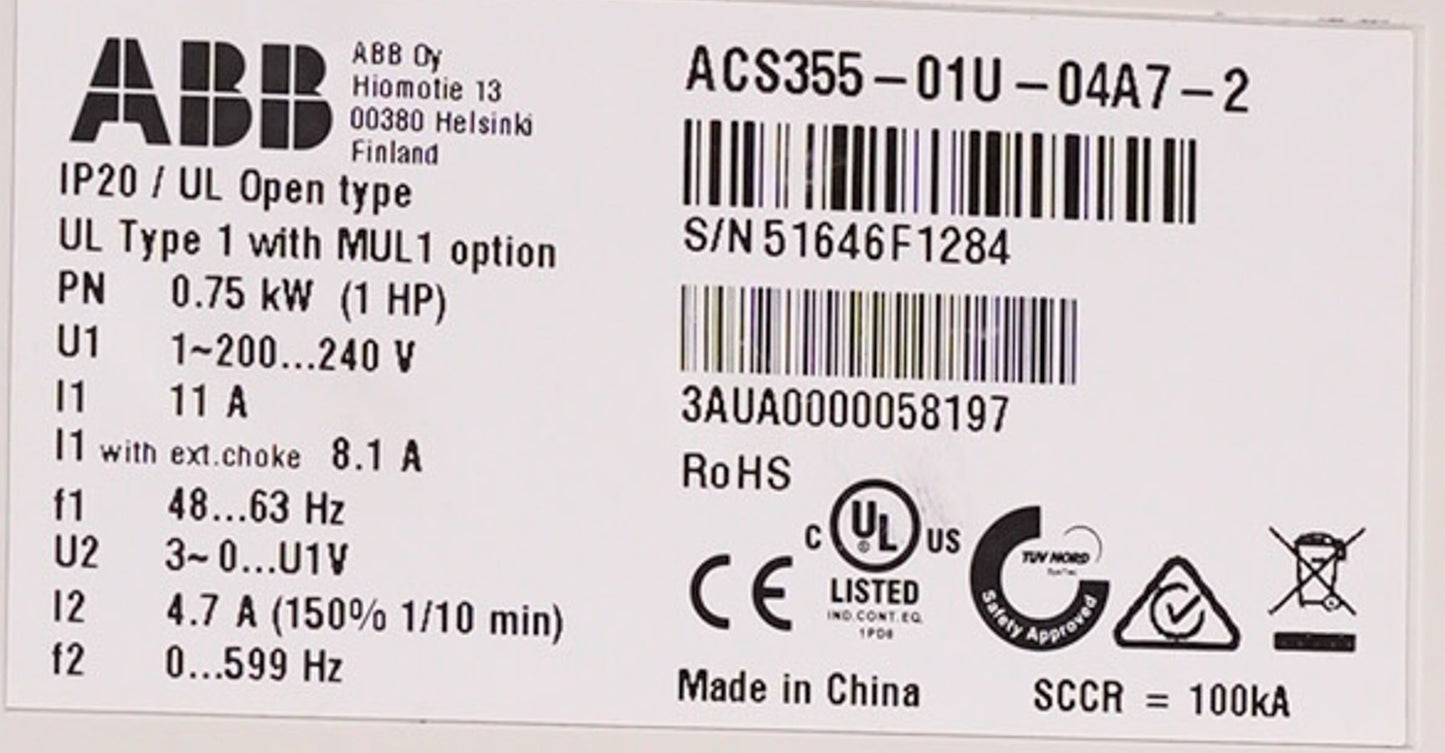 ABB ACS355-01U-04A7-2 AC Drive 200-240V 1HP 4.7A ACS35501U04A72