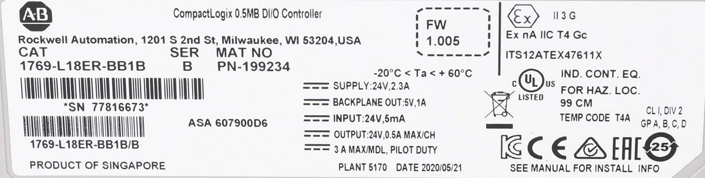 Allen Bradley 1769-L18ER-BB1B /B CompactLogix 0.5MB DI/O PLC Controller