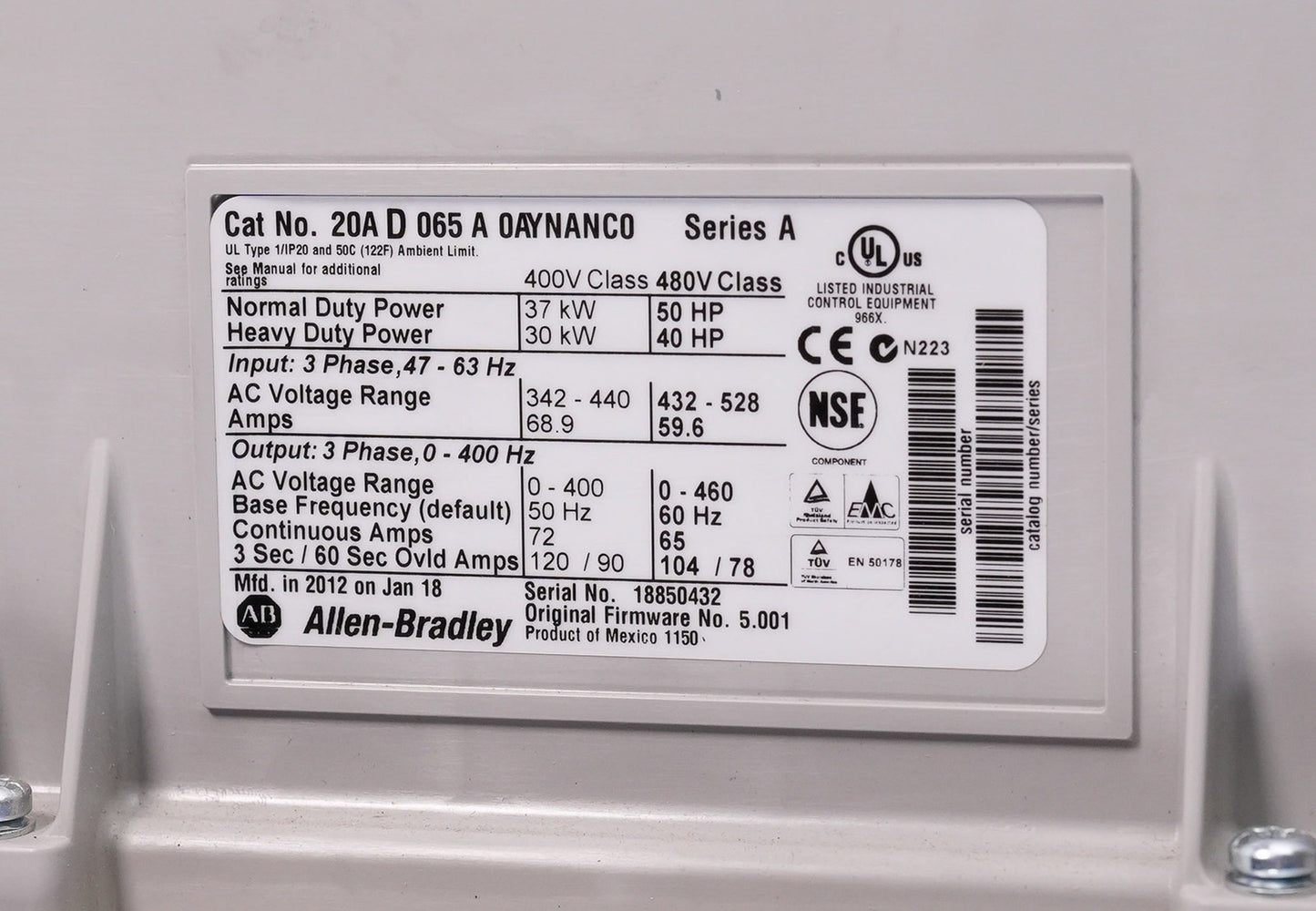 Allen Bradley 20AD065A0AYNANC0 /A PowerFlex 70 AC Drive 480V 50HP 3-Phase