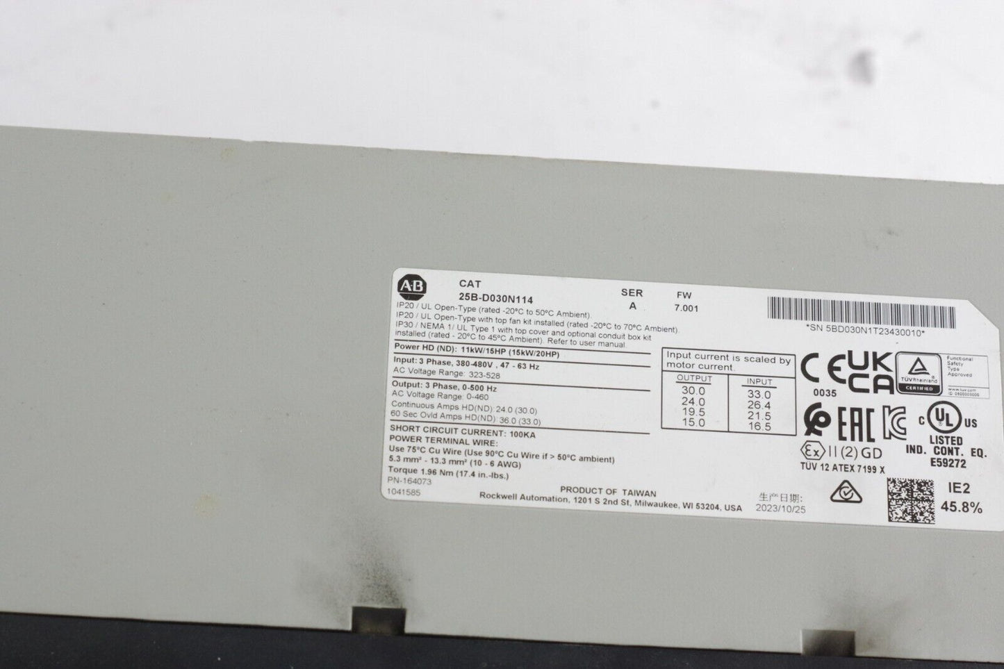 Allen Bradley 25B-D030N114 /A FW 7.001 PowerFlex Variable Frequency Drive -Parts