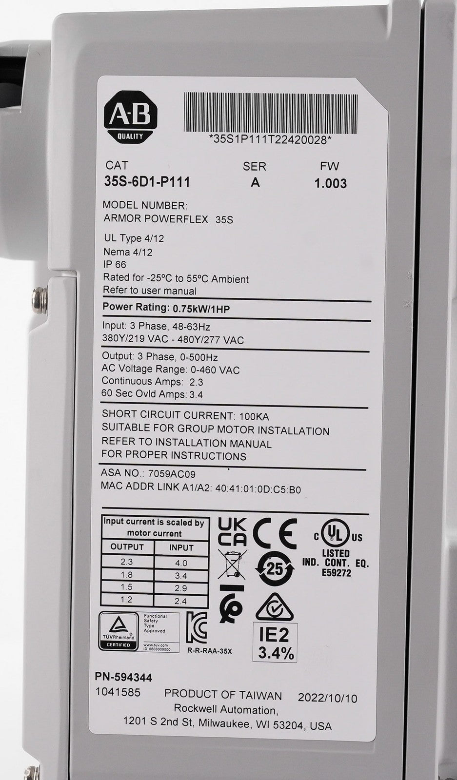 Allen Bradley 35S-6D1-P111 /A Armor PowerFlex 35S 35S6D1P111