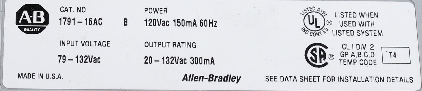 Allen Bradley 1791-16AC /B Block I/O Input Output Module 179116AC