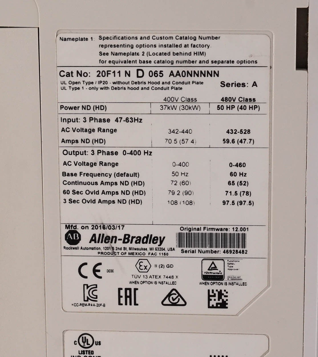 Allen Bradley 20F11ND065AA0NNNNN Ser A PowerFlex 753 AC Drive 480V 65A 50HP