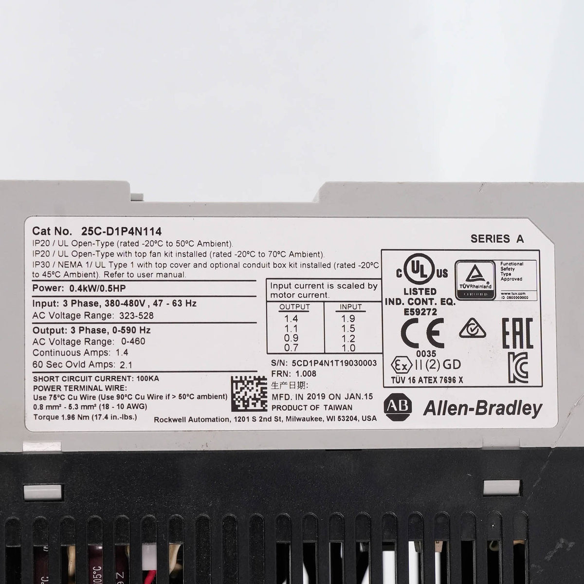 Allen Bradley 25C-D1P4N114 PowerFlex 527 AC Drive 480V 3PH 0.5HP 0.4kW