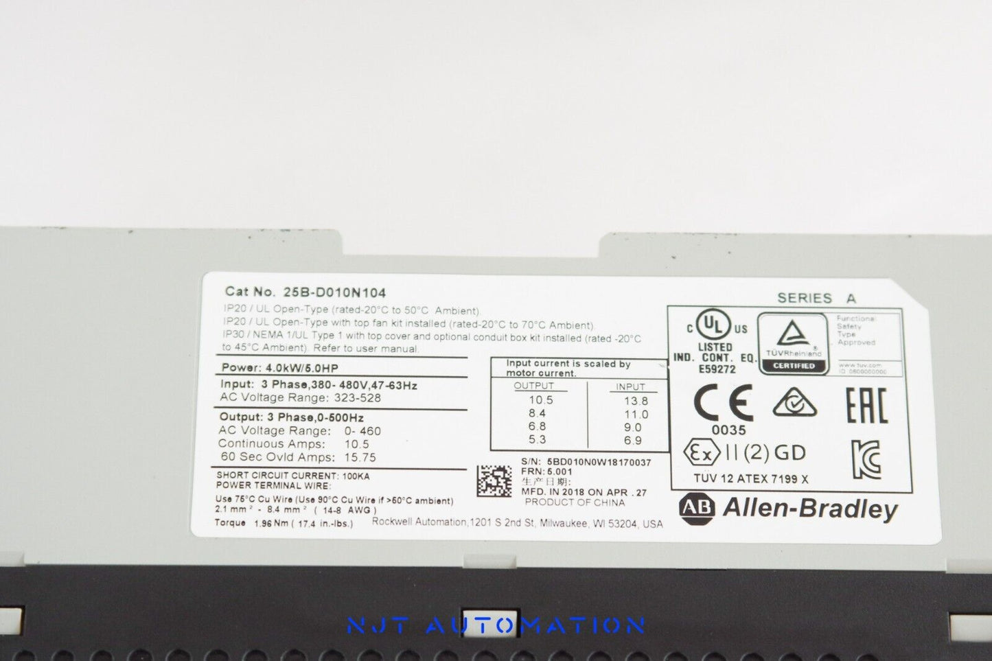 Allen Bradley 25B-D010N104 Ser A PowerFlex 525 AC Drive 480V 5hp 4kW 10.5A