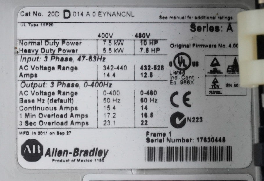 Allen Bradley 20DD014A0EYNANCNL /A Powerflex 700S Drive + 20-COMM-E + Warranty