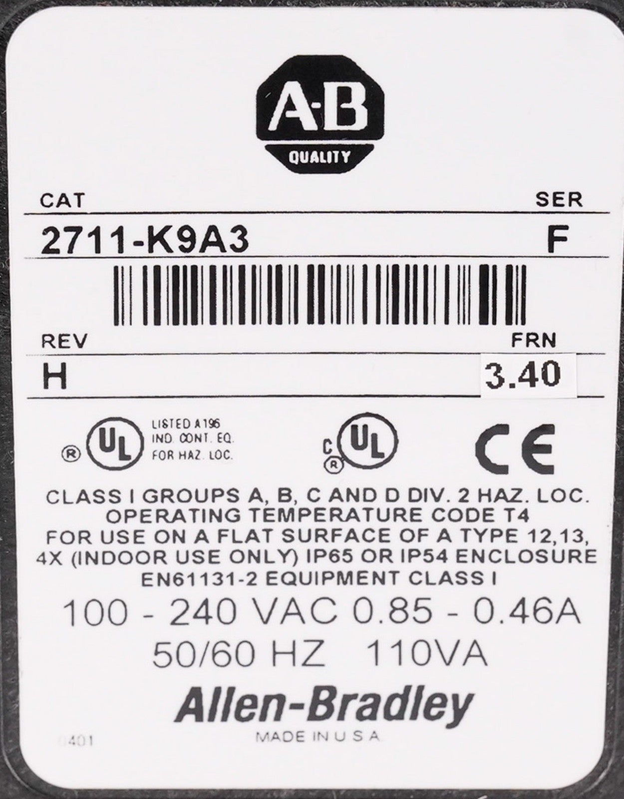 Allen Bradley 2711-K9A3 /F Rev H FRN 3.40 PanelView 900 HMI Display Refurbished