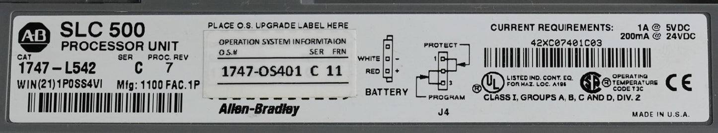Allen Bradley 1747-L542 /C SLC 500 5/04 CPU Processor Unit 1747-OS401/C FRN 11