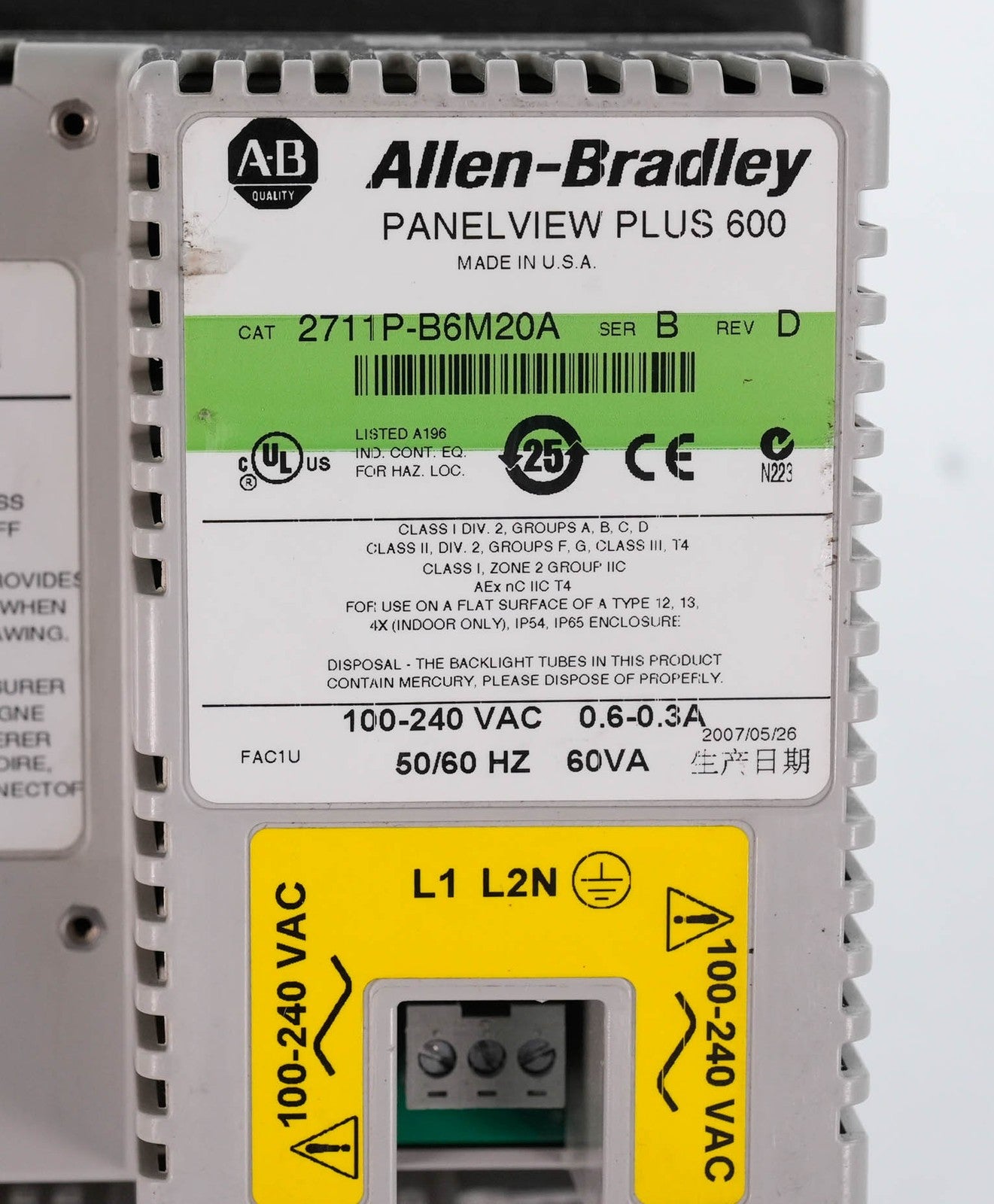 Allen Bradley 2711P-B6M20A Ser B PanelView Plus 600 Mono Key/Touch 100-240VAC