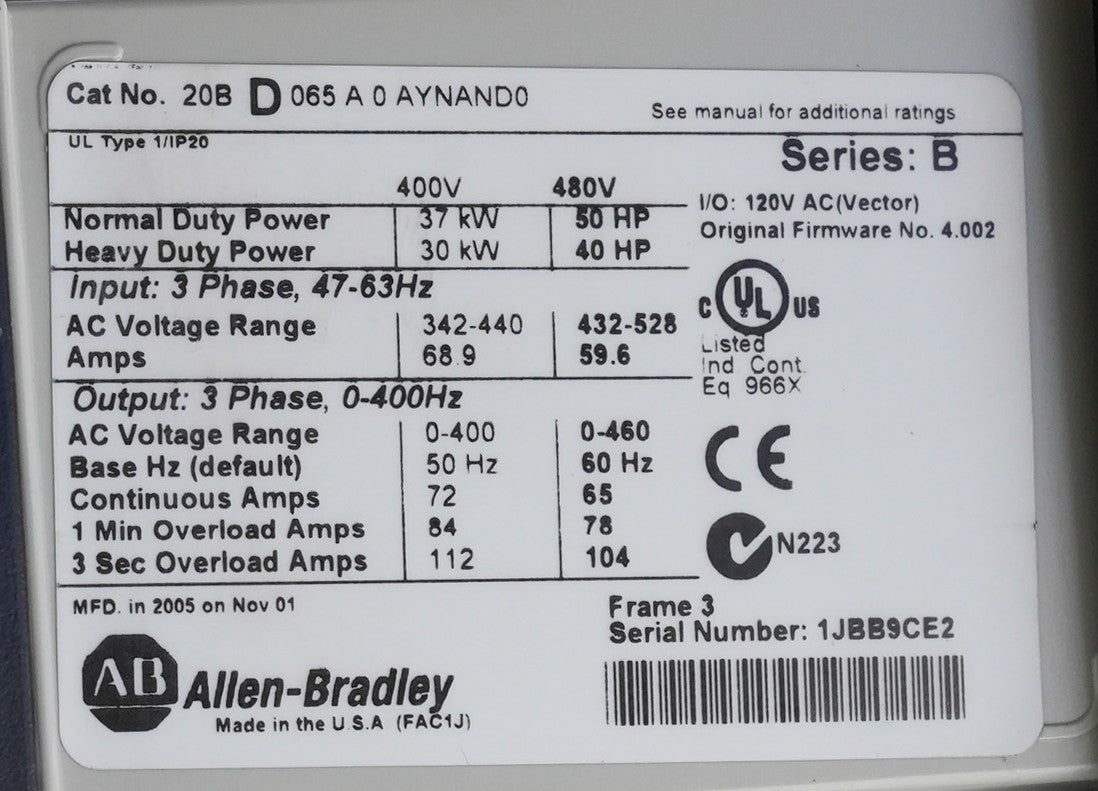 Allen Bradley 20BD065A0AYNAND0 /B PowerFlex 700 480V 3-Phase 50HP AC Drive + HMI