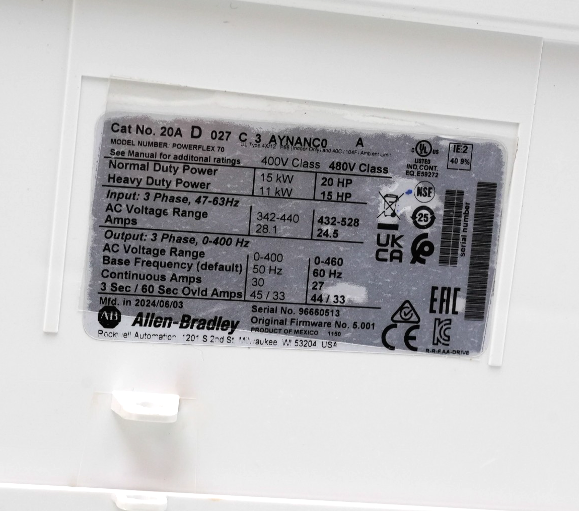 Allen Bradley 20AD027C3AYNANC0 Powerflex 70 AC Drive 15kW 480V Lightly Used