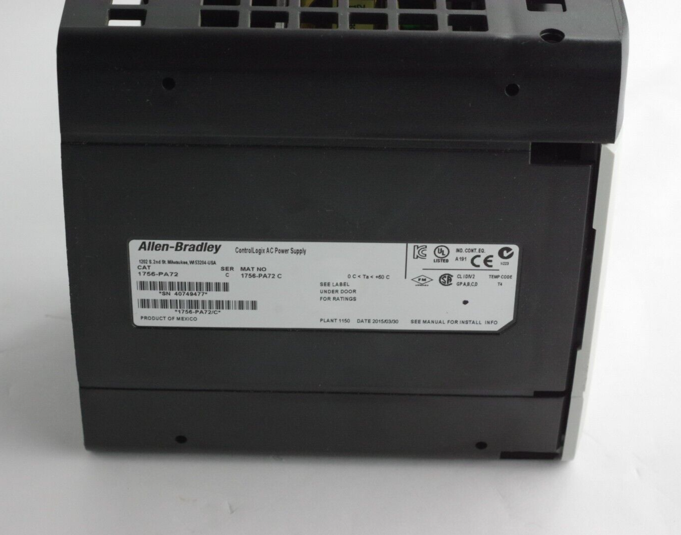 Allen Bradley 1756-PA72 /C PLC ControlLogix AC Power Supply Module - Installed