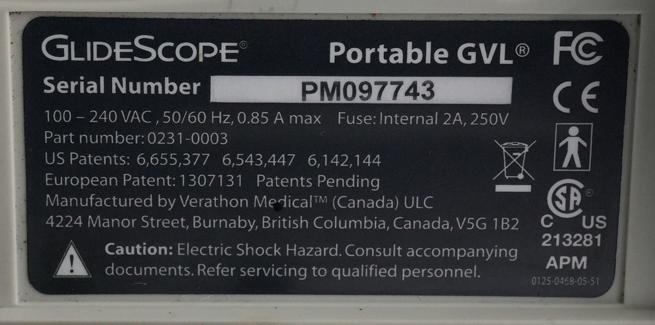 Verathon Glidescope Portable GVL Video Laryngoscope Monitor