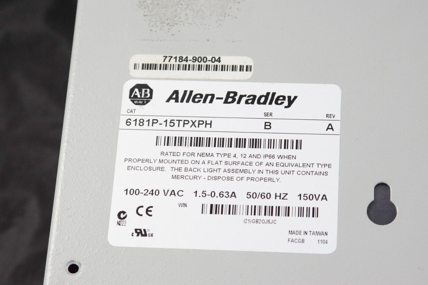 Allen-Bradley Versa View 1500P 6181P-15TPXPH SER B / REV A - NO HARD DRIVE