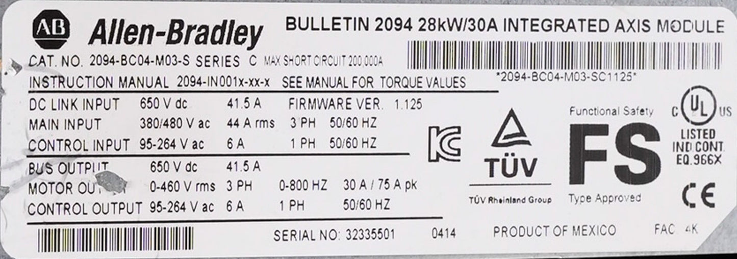 Allen Bradley 2094-BC04-M03-S /C Kinetix 6000 28kW/30A Integrated Axis Module