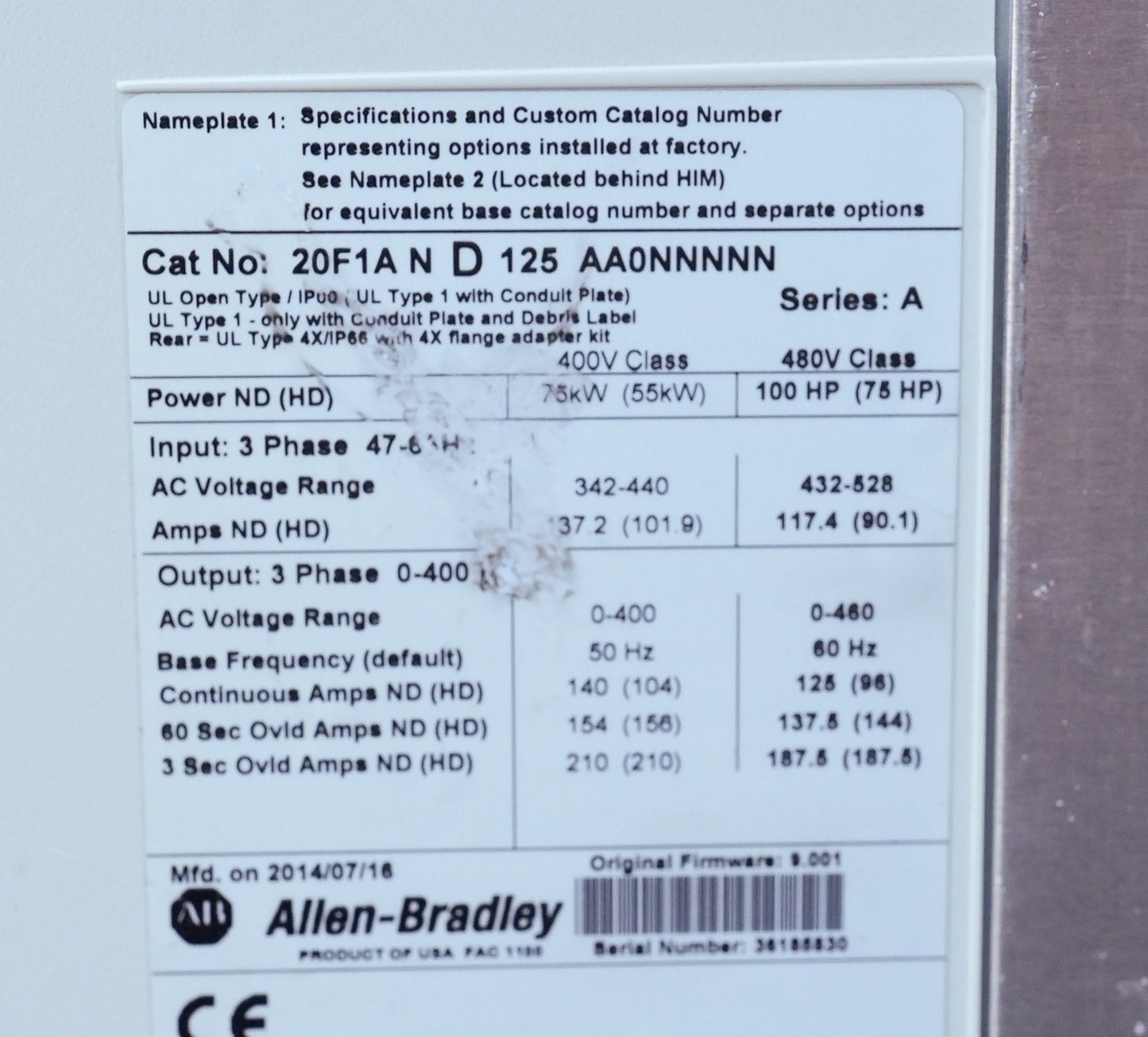 Allen Bradley 20F1AND125AA0NNNNN /A PowerFlex 753 AC Drive 480V 100HP 3-Phase