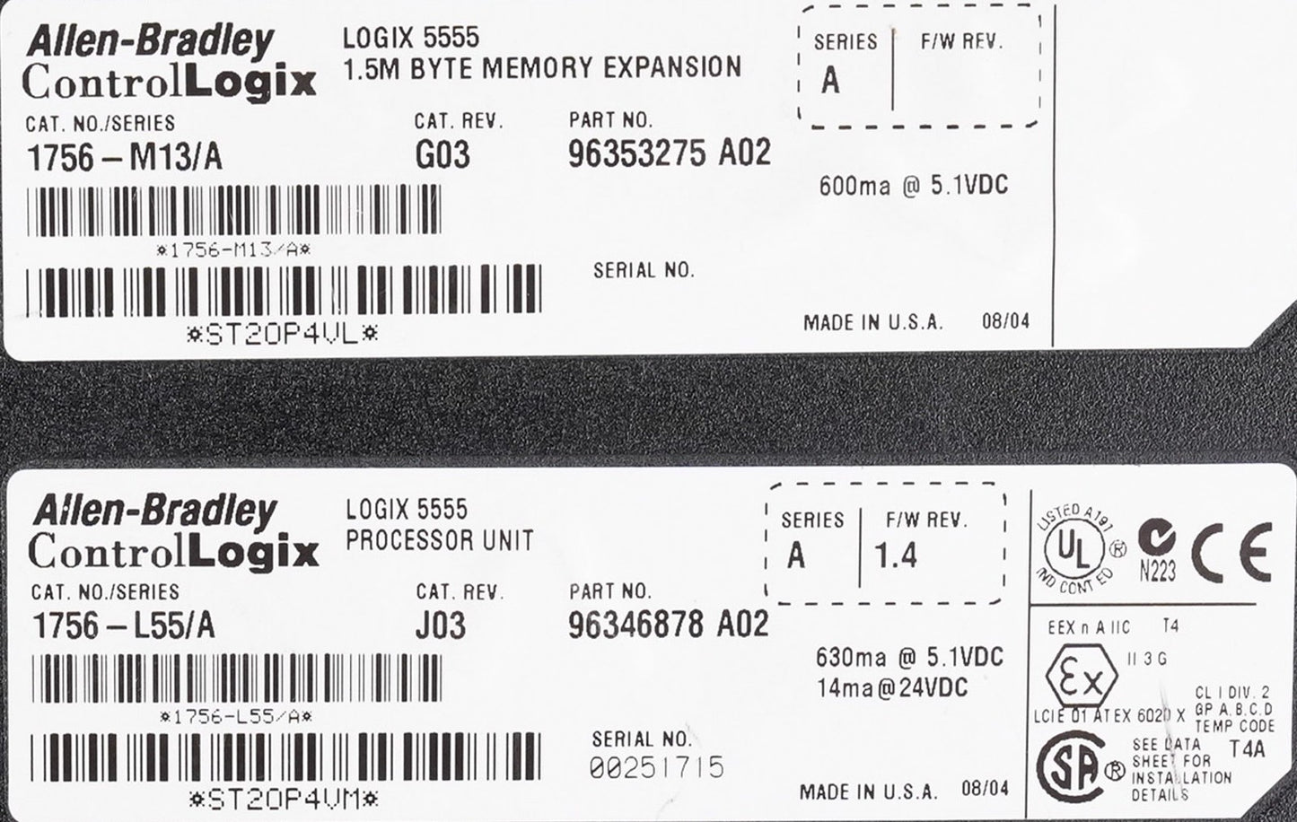 Allen Bradley 1756-L55/A ControlLogix 5555 Processor + 1756-M13/A Memory Module