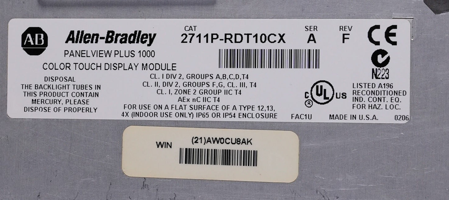 Allen Bradley 2711P-RDT10CX /A PanelView Plus 1000 Touch Display 2711P-RDT10C