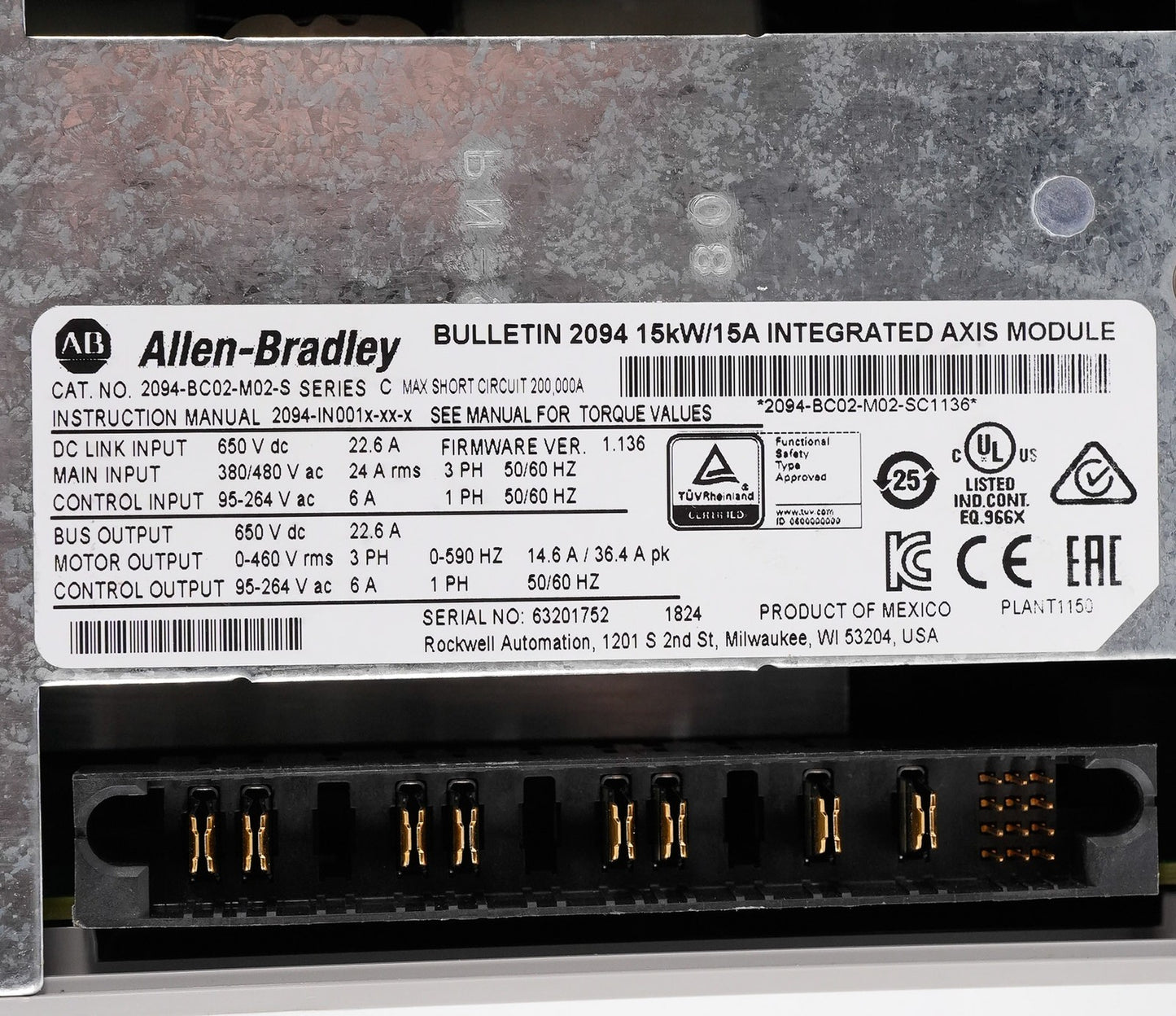 Allen Bradley 2094-BC02-M02-S /C Kinetix 6000 15kW / 15A Integrated Axis Module