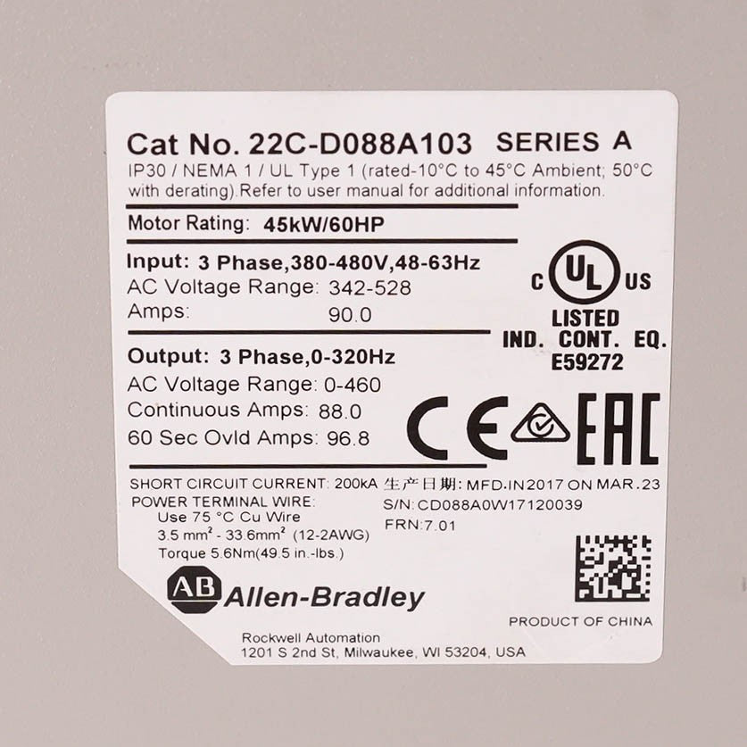 Allen Bradley 22C-D088A103 Ser C PowerFlex 400 AC Drive 480V 3PH 60HP 45kW 88A