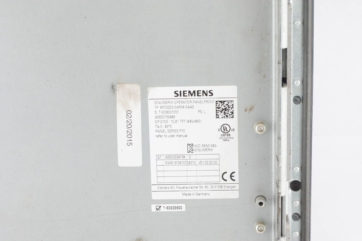 Siemens 6FC5203-0AF04-0AA0 SINUMERIK Operator Panel Series P10