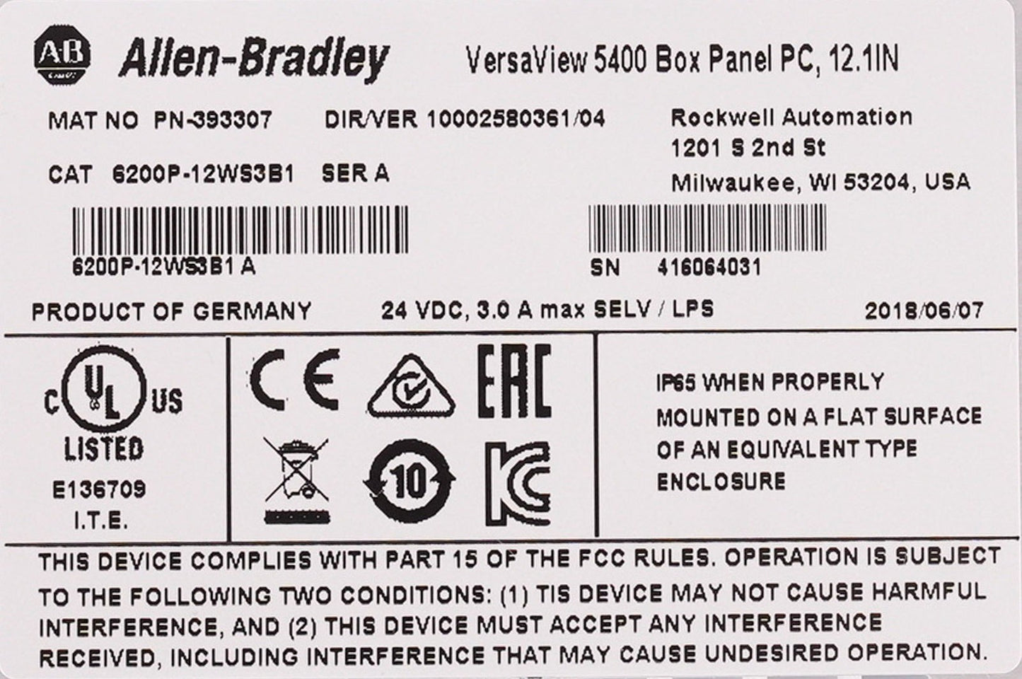 Allen Bradley 6200P-12WS3B1 /A VersaView 5400 Box Panel PC 12.1" Windows Embed