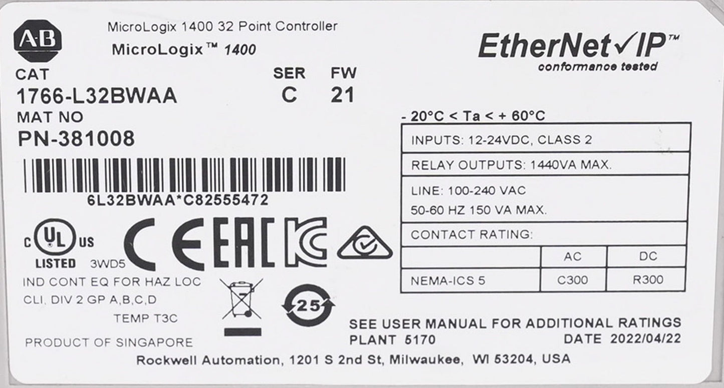 Allen Bradley 1766-L32BWAA /C MicroLogix 1400 32-Point Controller - Open Box