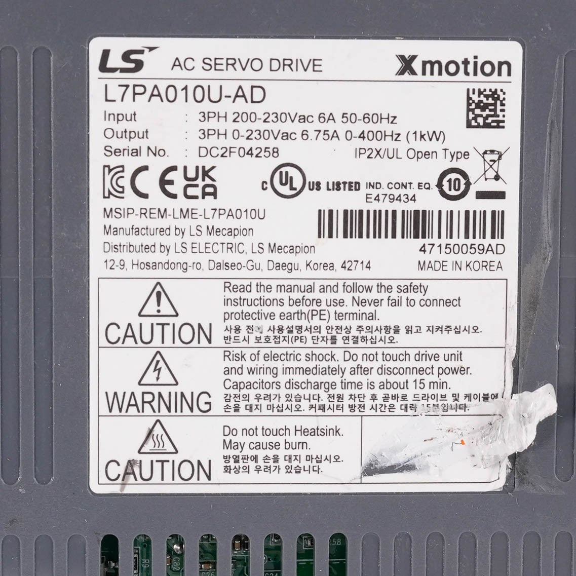 LS Electric L7PA010U-AD L7P Series AC Servo Drive 1kW 200-230V 3-Phase L7PA010UA