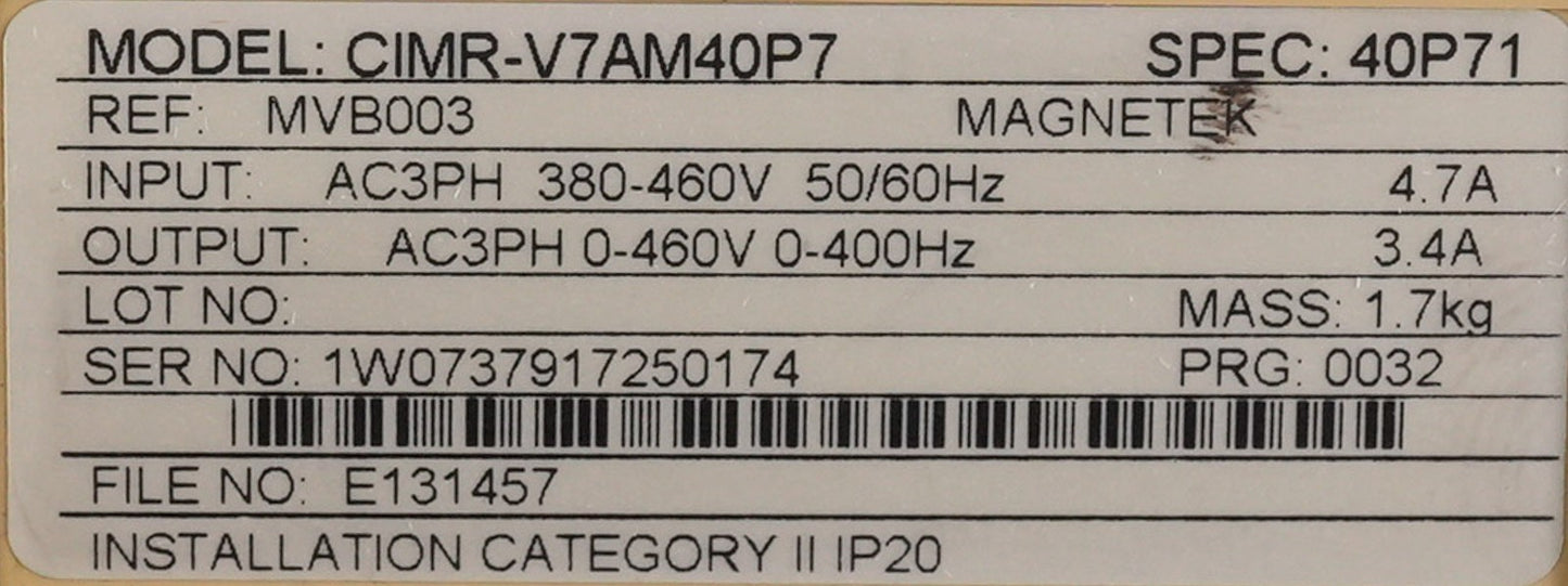 Yaskawa CIMR-V7AM40P7 AC Drive 460V 3-Phase 4.7A 50/60Hz CIMRV7AM40P7