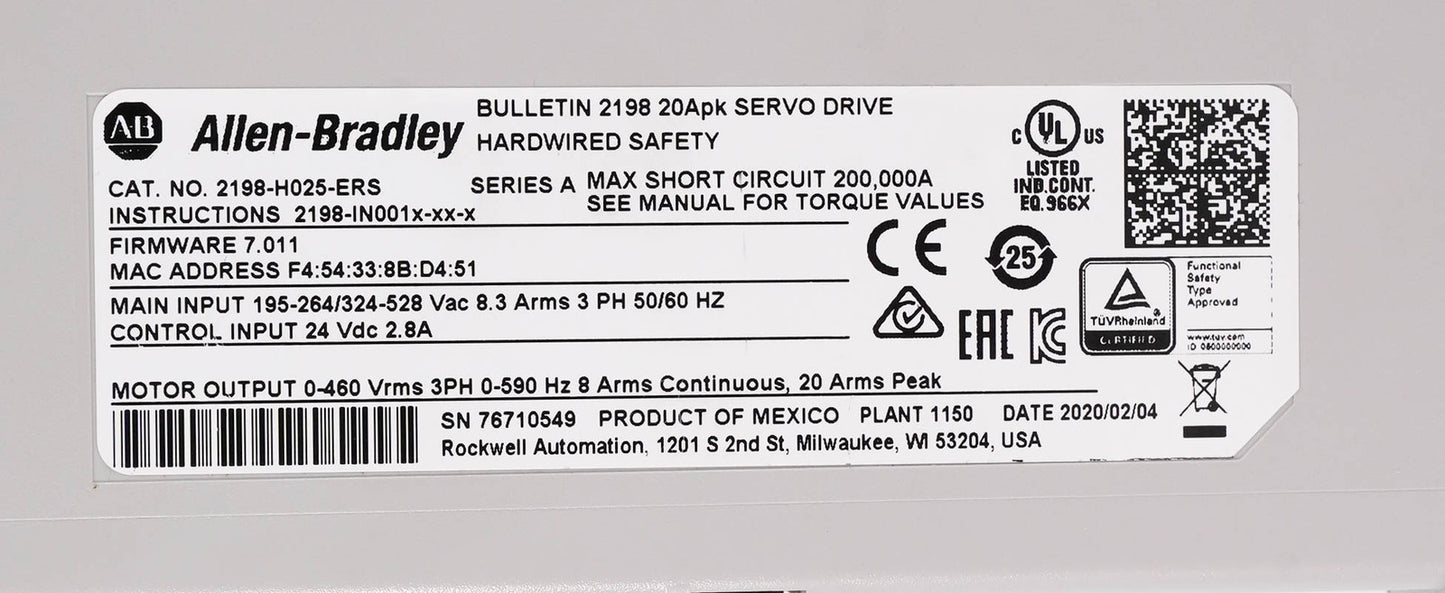 Allen Bradley 2198-H025-ERS Ser A Kinetix 5500 Servo Drive 200-480V 2198H025ERS
