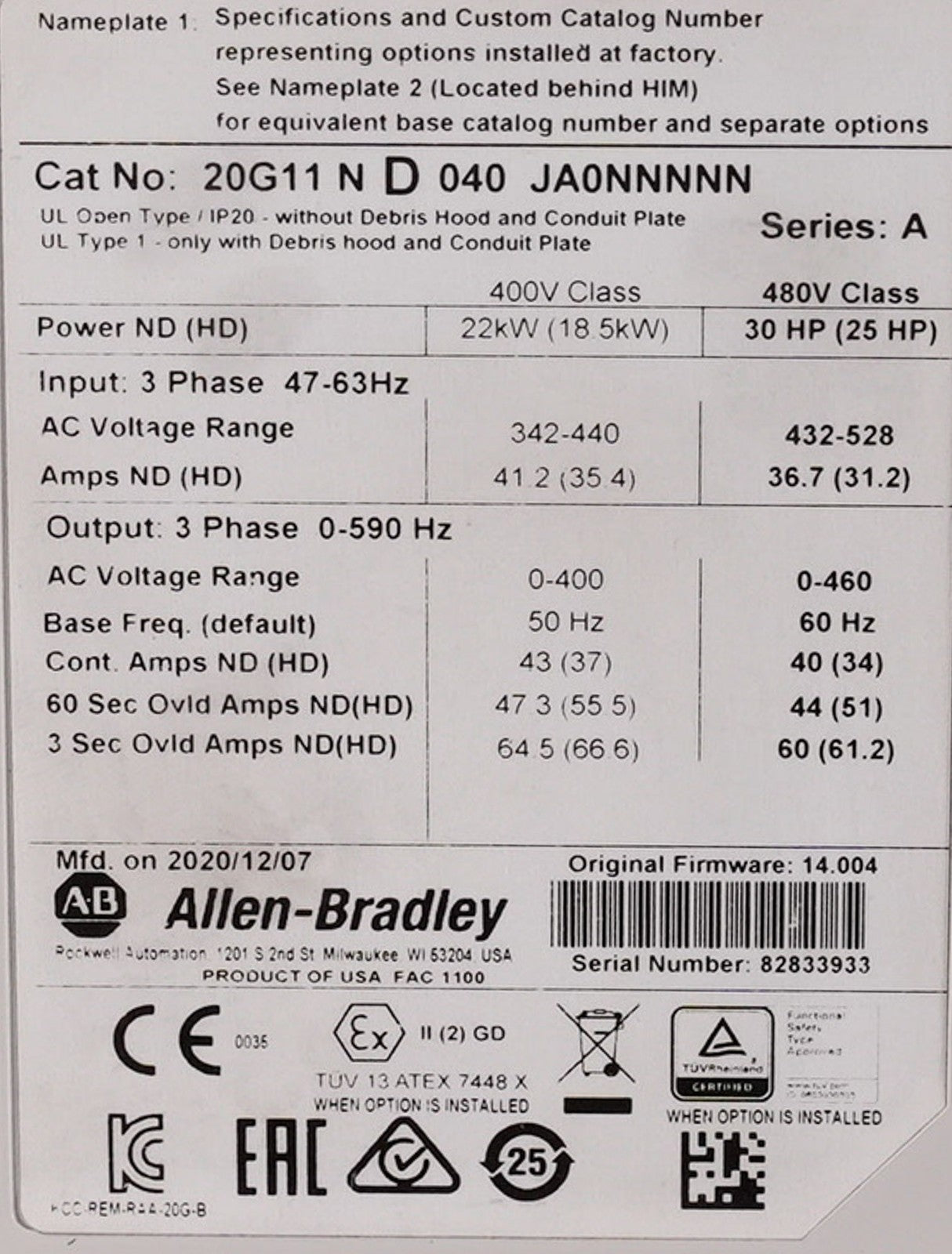 Allen Bradley 20G11ND040JA0NNNNN /A PowerFlex AC Drive 480V 30HP + Warranty