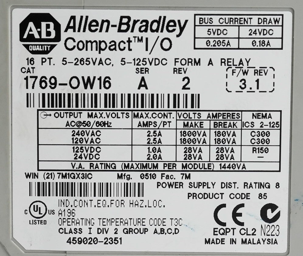 Allen Bradley 1769-OW16 /A Rev 2 Compact I/O 16 Point I/O Module 1769OW16