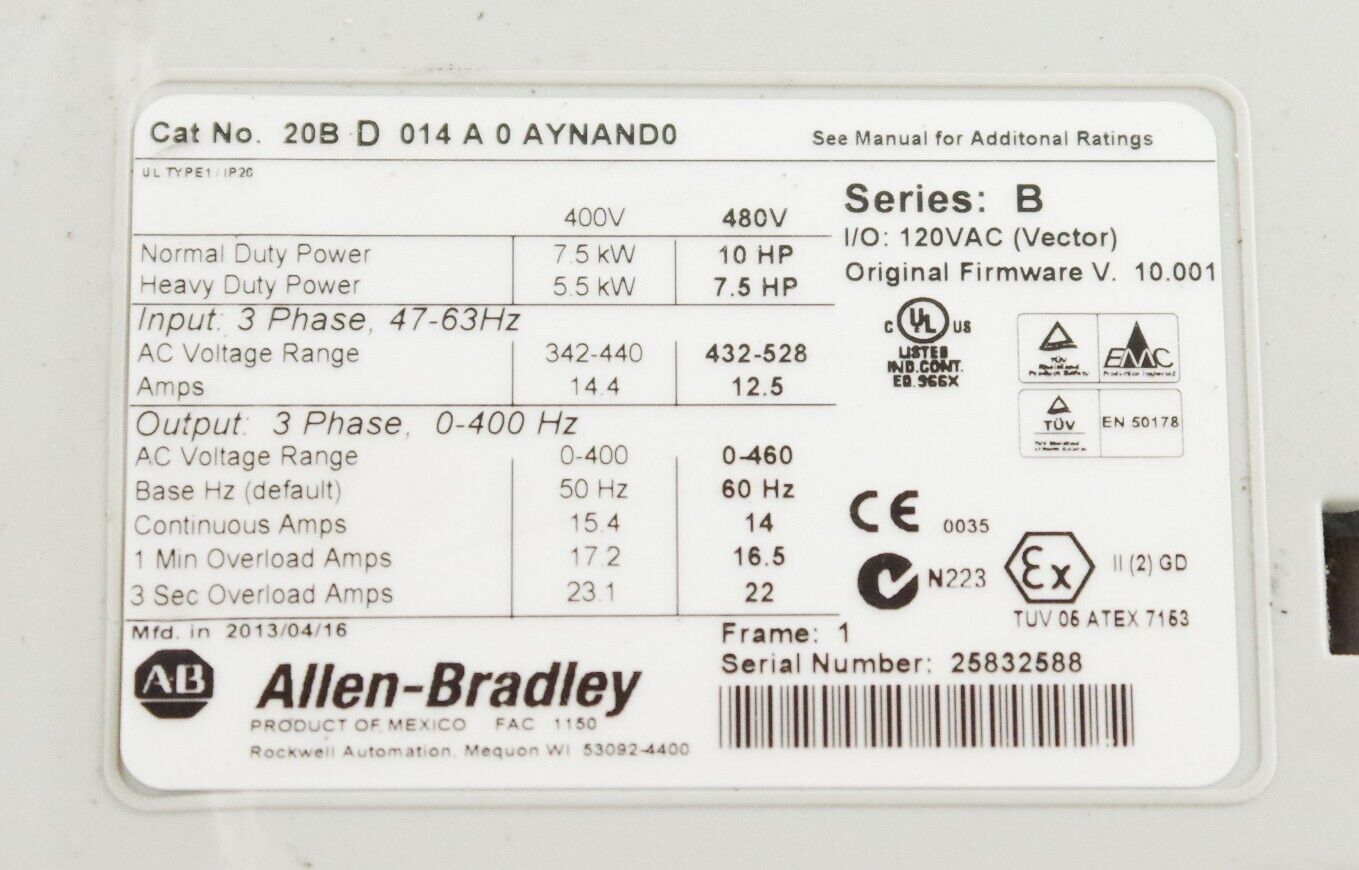 Allen Bradley 20B D 014 A 0 AYNAND0 / 20BD014A0AYNAND0 Drive For Parts or Repair