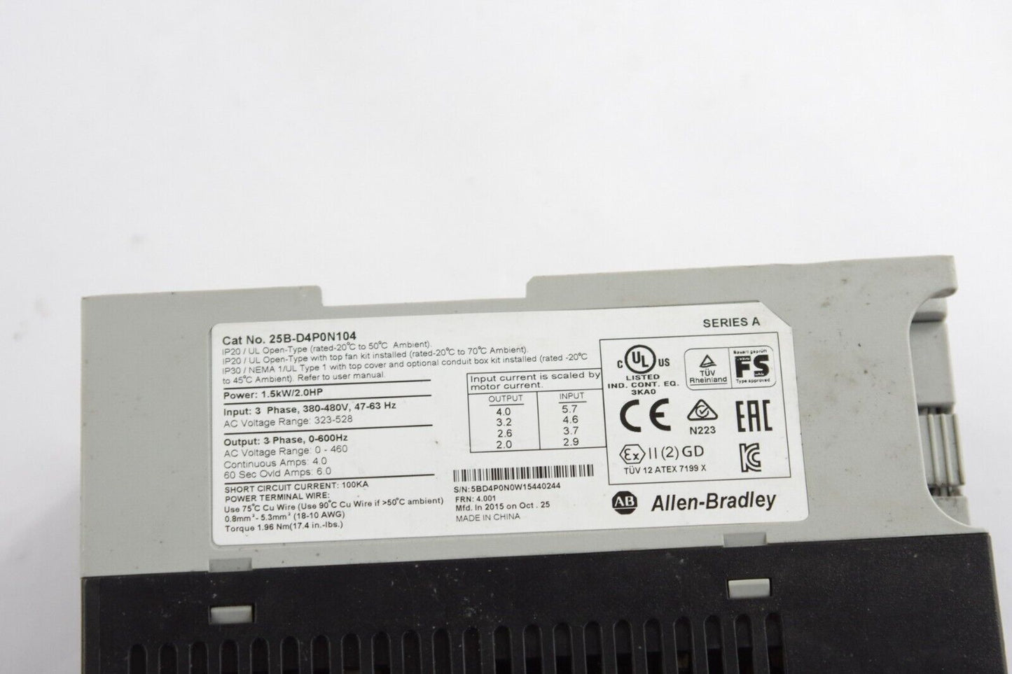 ALLEN BRADLEY 25B-D4P0N104 Ser A Powerflex 525 2hp AC Drive - USED