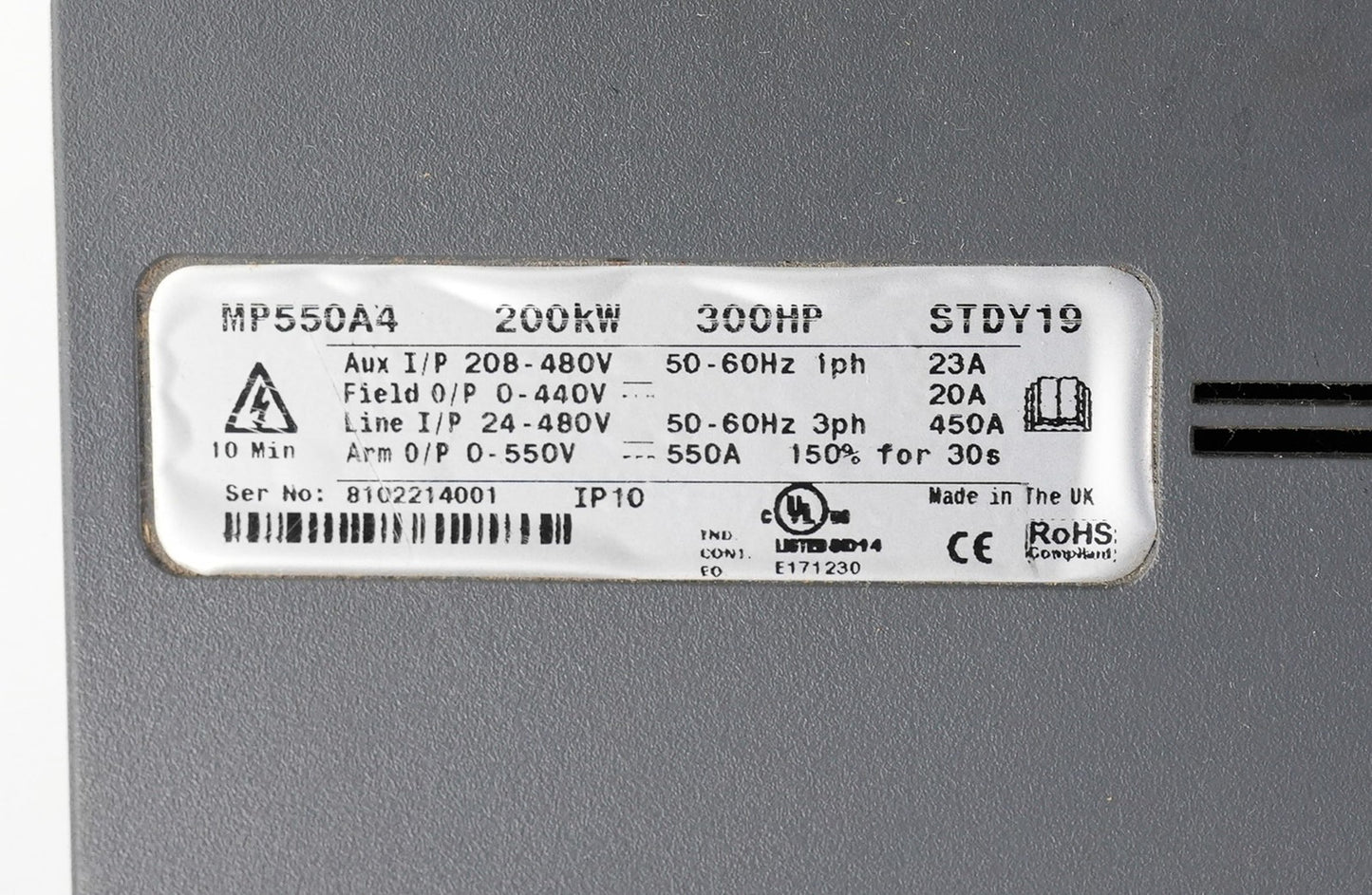 Emerson MP550A4 Mentor DC Drive 200kW 300HP 550A 480V STD19 Control-Techniques