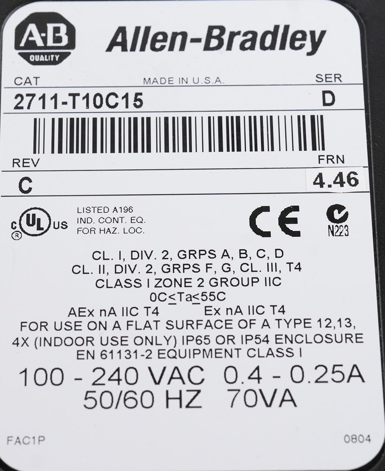 Allen Bradley 2711-T10C15 /D Rev C PanelView 1000 HMI Display Refurbished