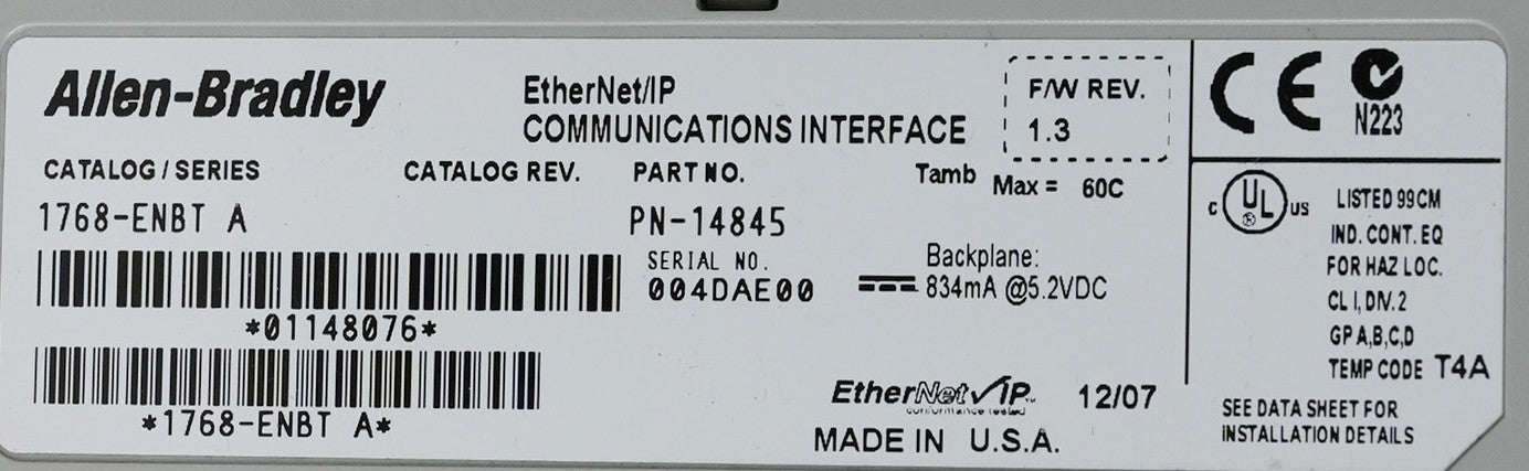 Allen Bradley 1768-ENBT /A EtherNet/IP Communications Interface 1768ENBT