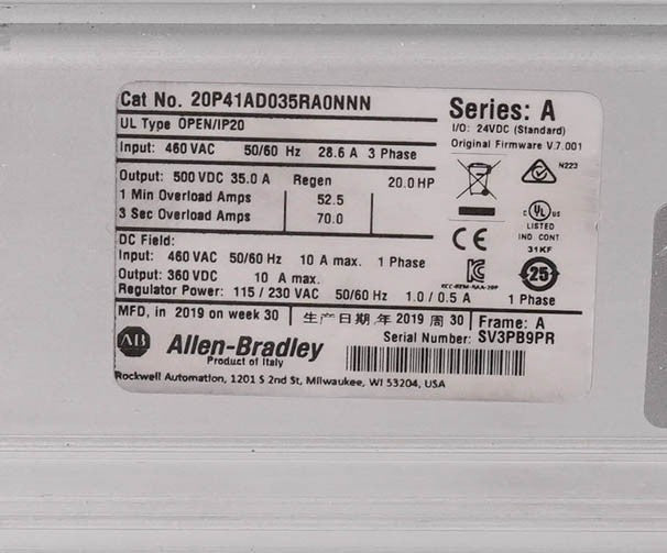 Allen Bradley 20P41AD035RA0NNN Ser A PowerFlex 700S AC Drive 480V 35A 25HP