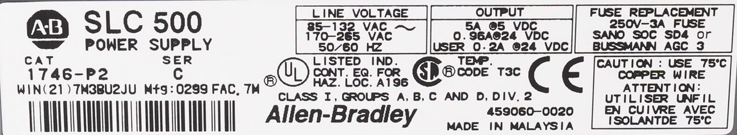 Allen Bradley 1746-P2 /C SLC 500 Power Supply 1746P2 - Open Box
