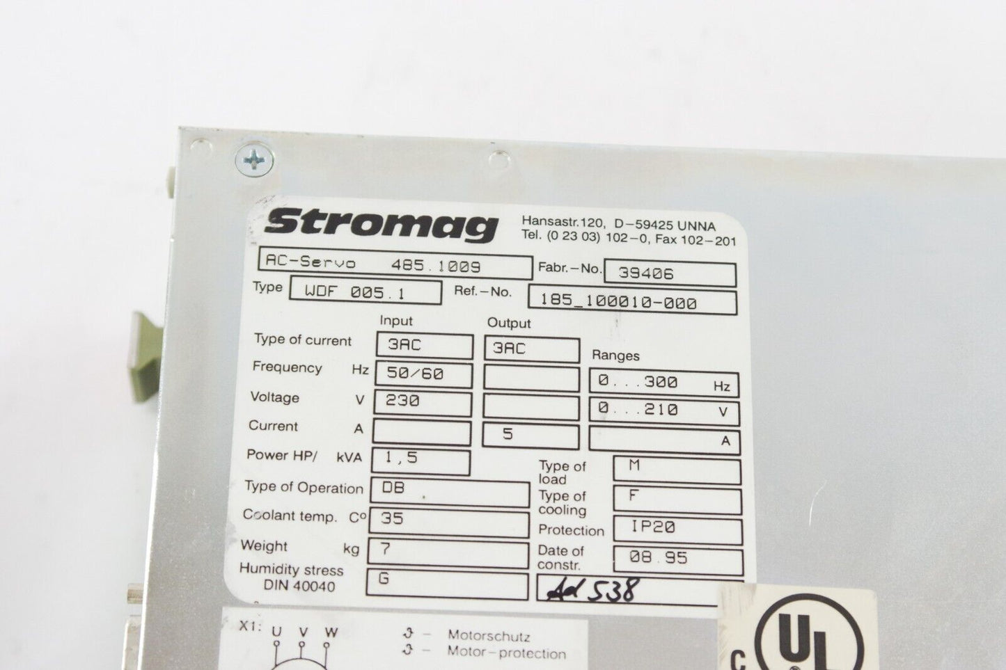 Stromag Type WDF 005.1 / AC Servo Drive 485.1009 - For Parts or Repair