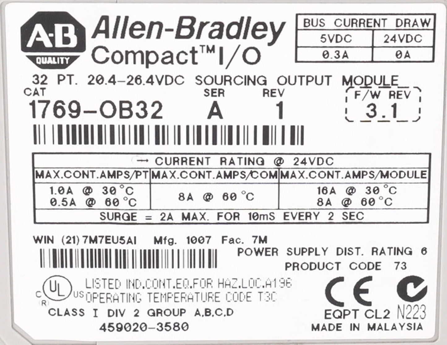 Allen Bradley 1769-OB32 /A CompactLogix 32-Point Sourcing Output Module 1769OB32