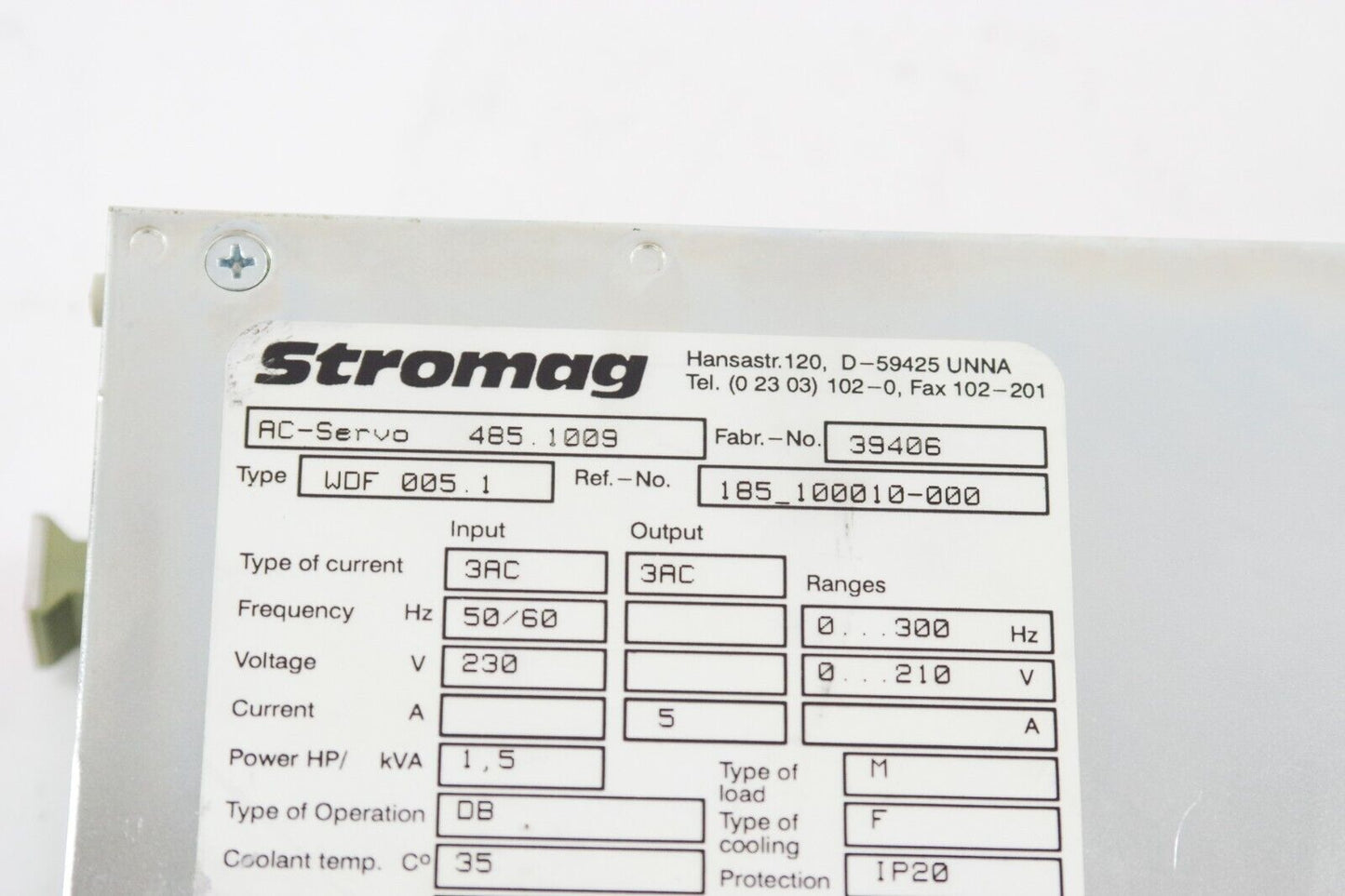 Stromag Type WDF 005.1 / AC Servo Drive 485.1009 - For Parts or Repair