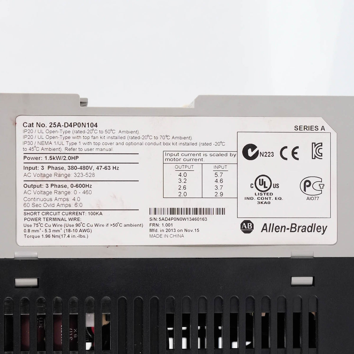 Allen Bradley 25A-D4P0N104 PowerFlex 523 AC Drive 480V 3PH 2HP 4A 25AD4P0N104