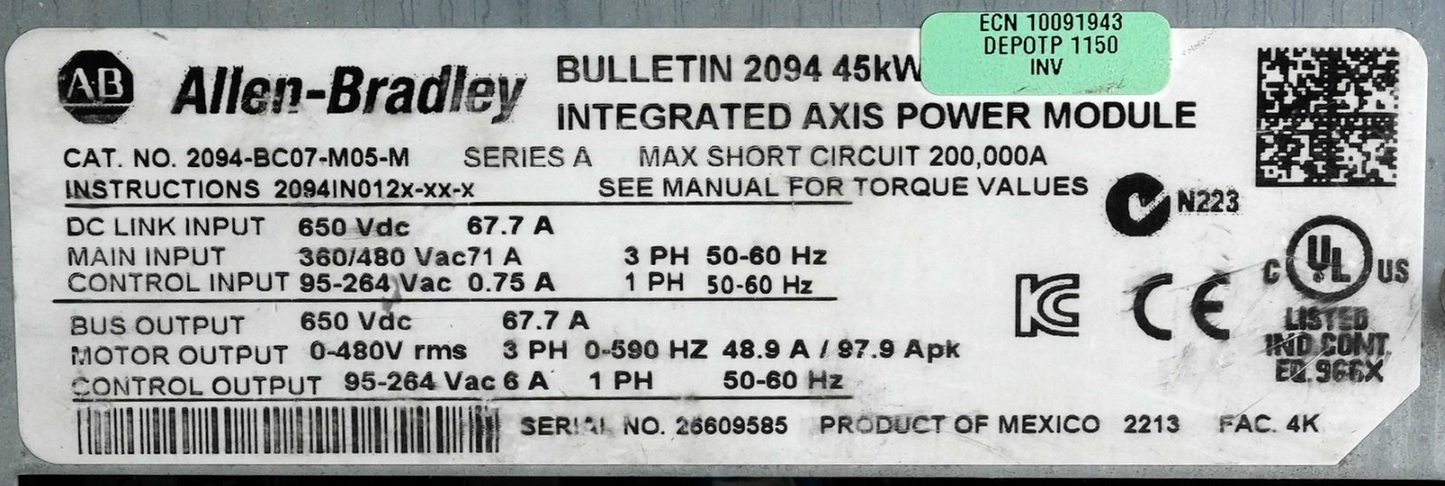 Allen Bradley 2094-BC07-M05-M /A Bulletin 2094 Integrated Axis Power Module