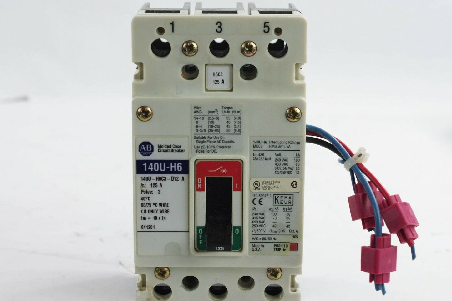 ALLEN BRADLEY 140U-H6C3-D12 SER A CIRCUIT BREAKER 125A 3 Pole