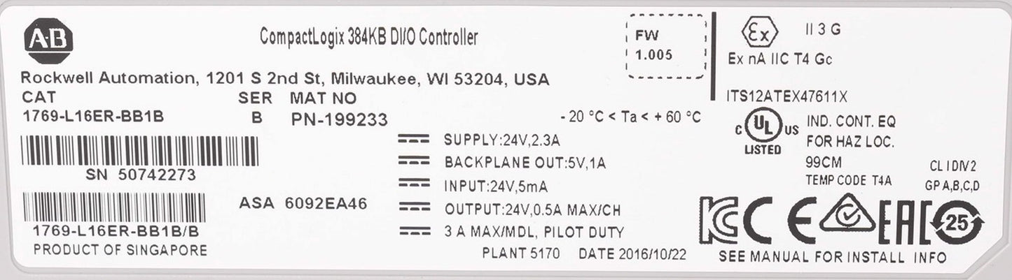 Allen Bradley 1769-L16ER-BB1B /B FW 1.005 CompactLogix 384kB DI/O Controller