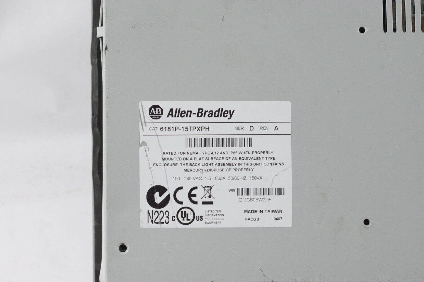 ALLEN BRADLEY 6181P-15TPXPH VERSAVIEW 1500P Ser D - For Parts / Repair